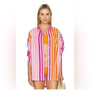 Beach Riot Alexa L/XL Swim Coverup Striped Pink and Orange Button-Up Shirt